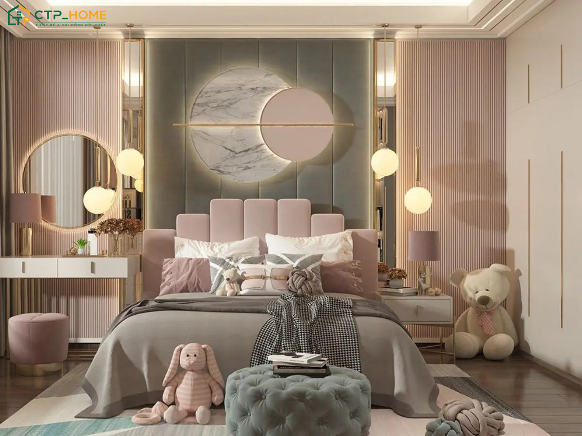 Việc kết hợp khéo léo giữa màu xám và màu hồng sẽ tạo nên một không gian nghỉ ngơi nhẹ nhàng, tinh tế