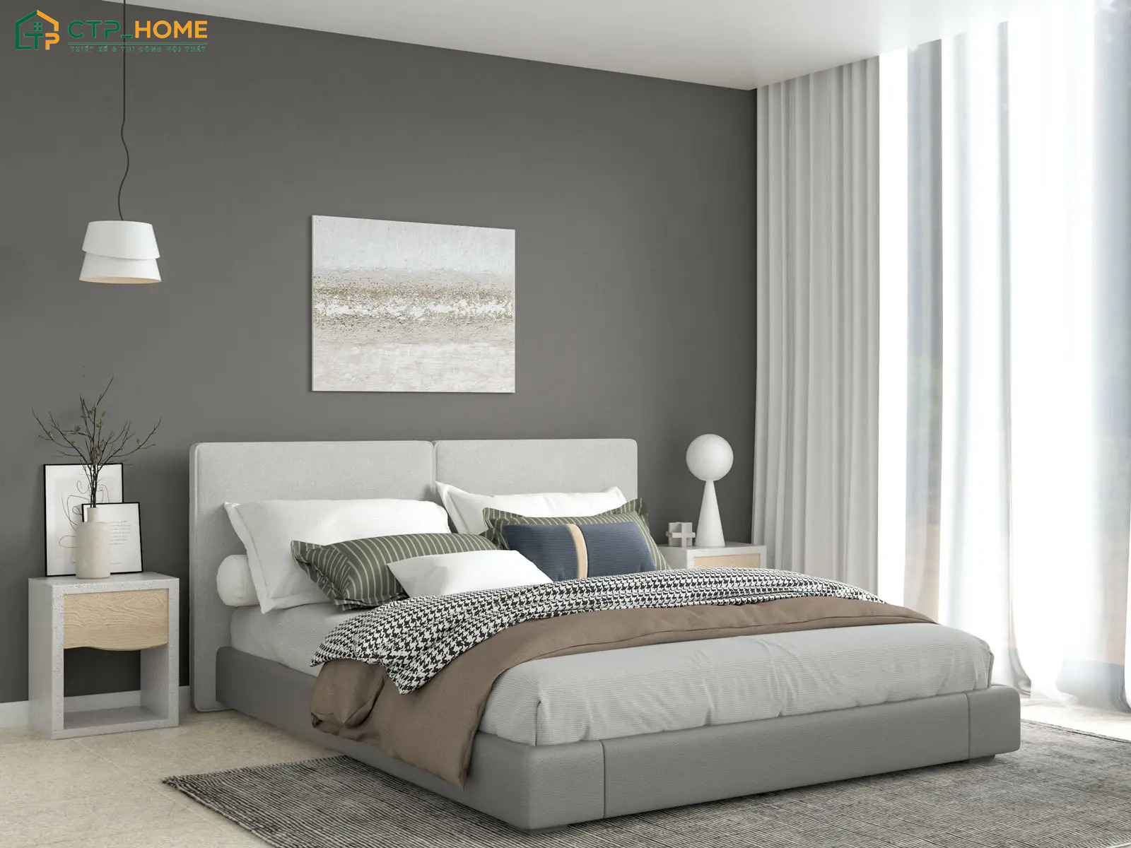 Mẫu thiết kế phòng ngủ hiện đại tone xám xi măng sẽ đem đến vẻ đẹp hiện đại và cá tính