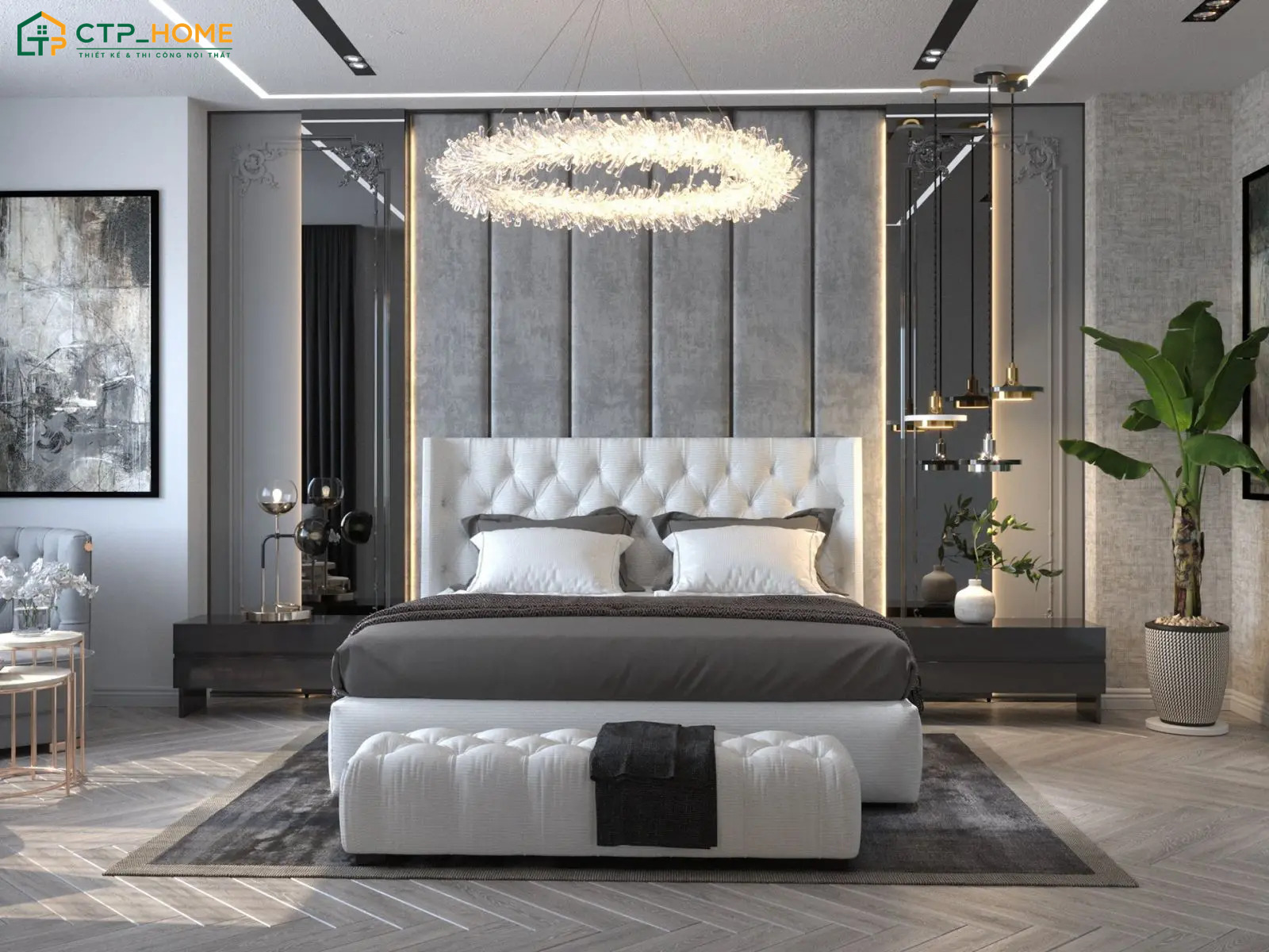 Decor phòng màu xám với nội thất bo tròn sẽ giúp giảm bớt vẻ thô cứng và nặng nề