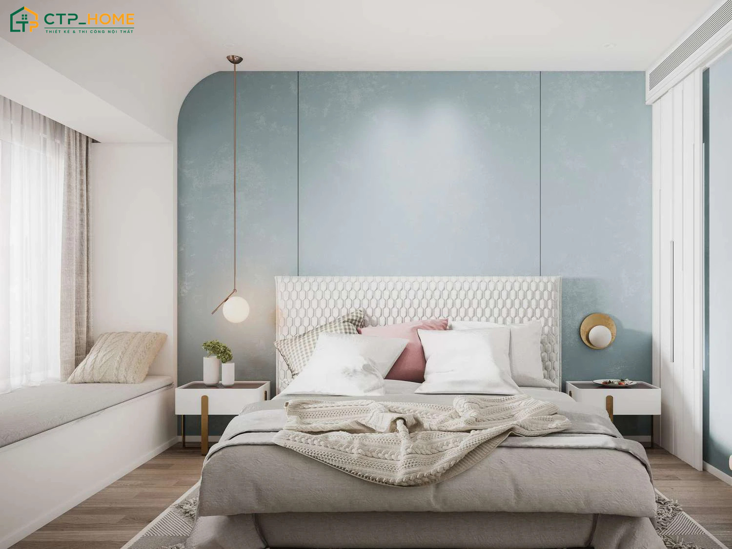 Mẫu thiết kế phòng tone xám xanh sẽ đem đến cảm giác thư thái và dễ chịu hơn khi nghỉ ngơi