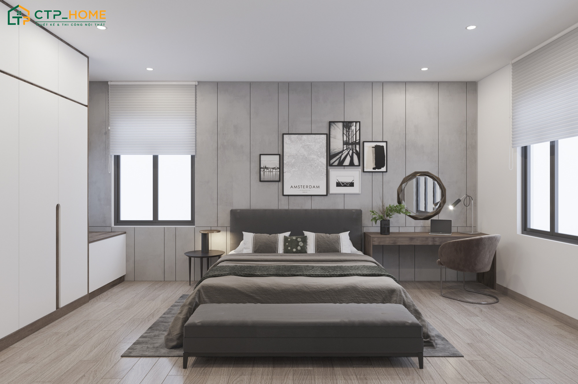 Mẫu phòng ngủ màu xám ghi với vẻ đẹp nhẹ nhàng và thanh lịch nên sẽ phù hợp với nhiều phong cách khác nhau