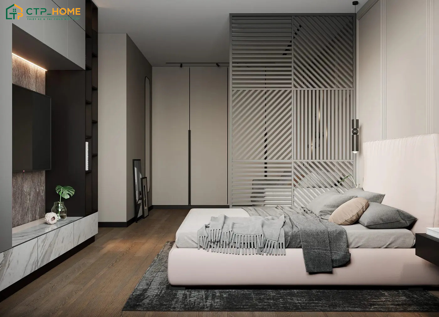 Màu xám ghi khi được kết hợp cùng nội thất tối giản sẽ giúp phòng ngủ trở nên hài hoà và tiện nghi hơn
