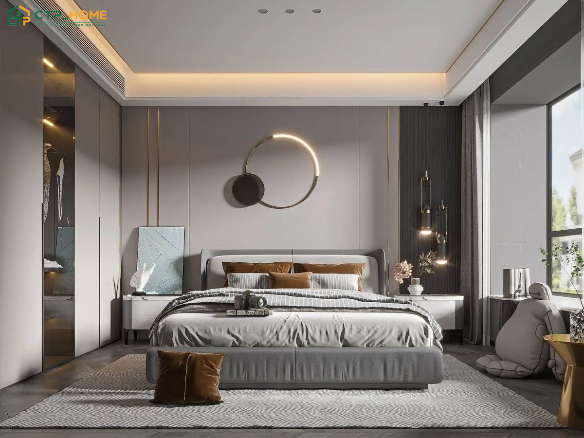 Không gian phòng ngủ xám khói sẽ rất phù hợp với những gia chỉ yêu thích vẻ đẹp mạnh mẽ và cá tính