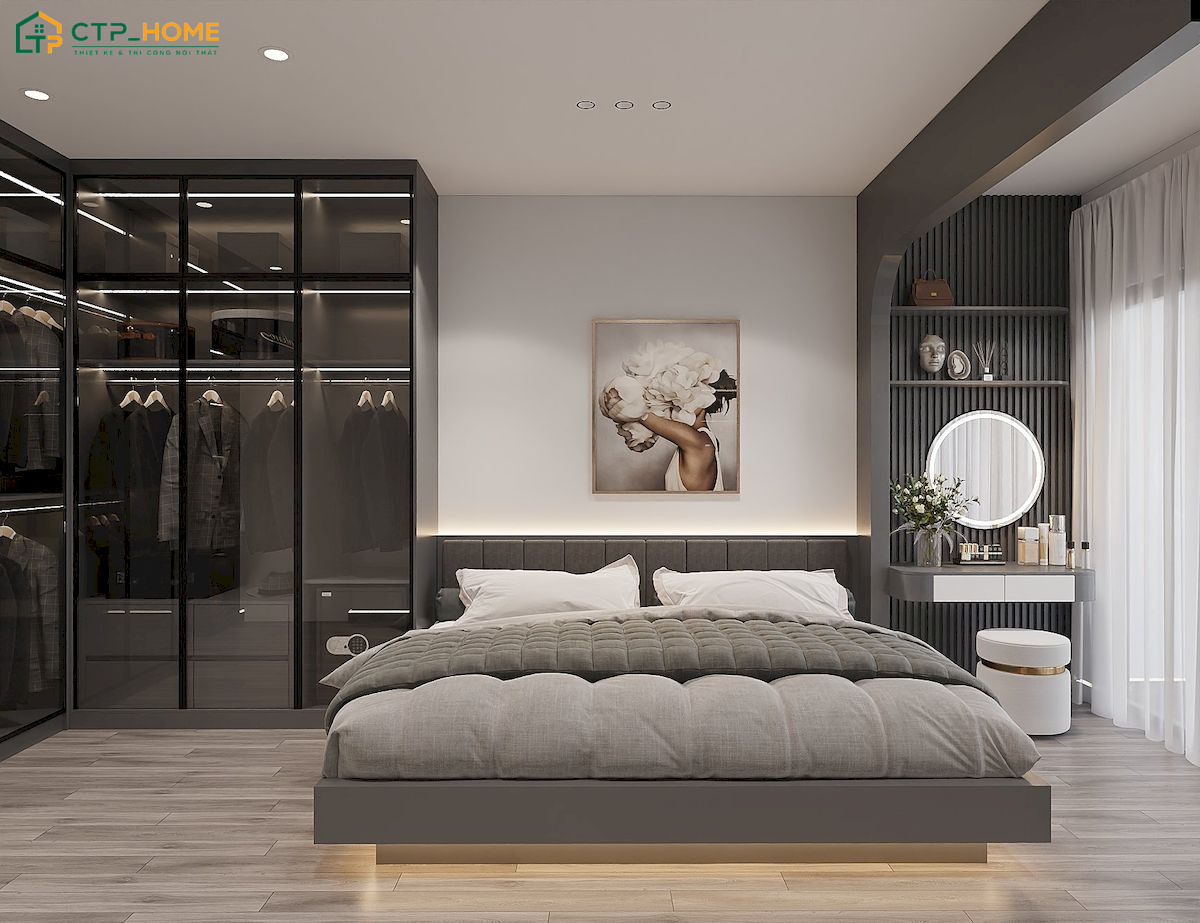 Mẫu dự án thiết kế phòng ngủ màu xám trắng do CTP Home thực hiện với cách phối màu hài hoà