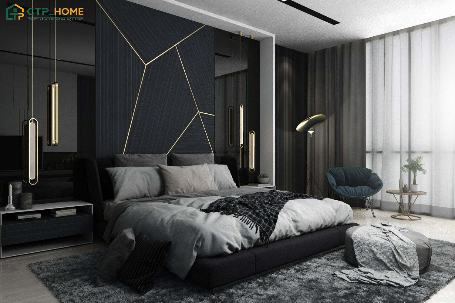 Mẫu thiết kế phòng ngủ xám đen nổi bật với vẻ đẹp sang trọng, mạnh mẽ và đầy cá tính