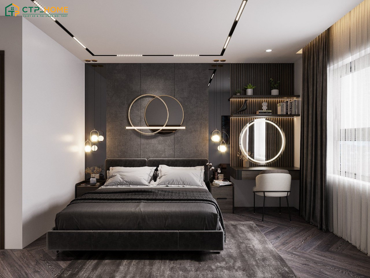 Không gian phòng ngủ sẽ được thiết kế theo phong cách Luxury với tone màu xám đen độc đáo