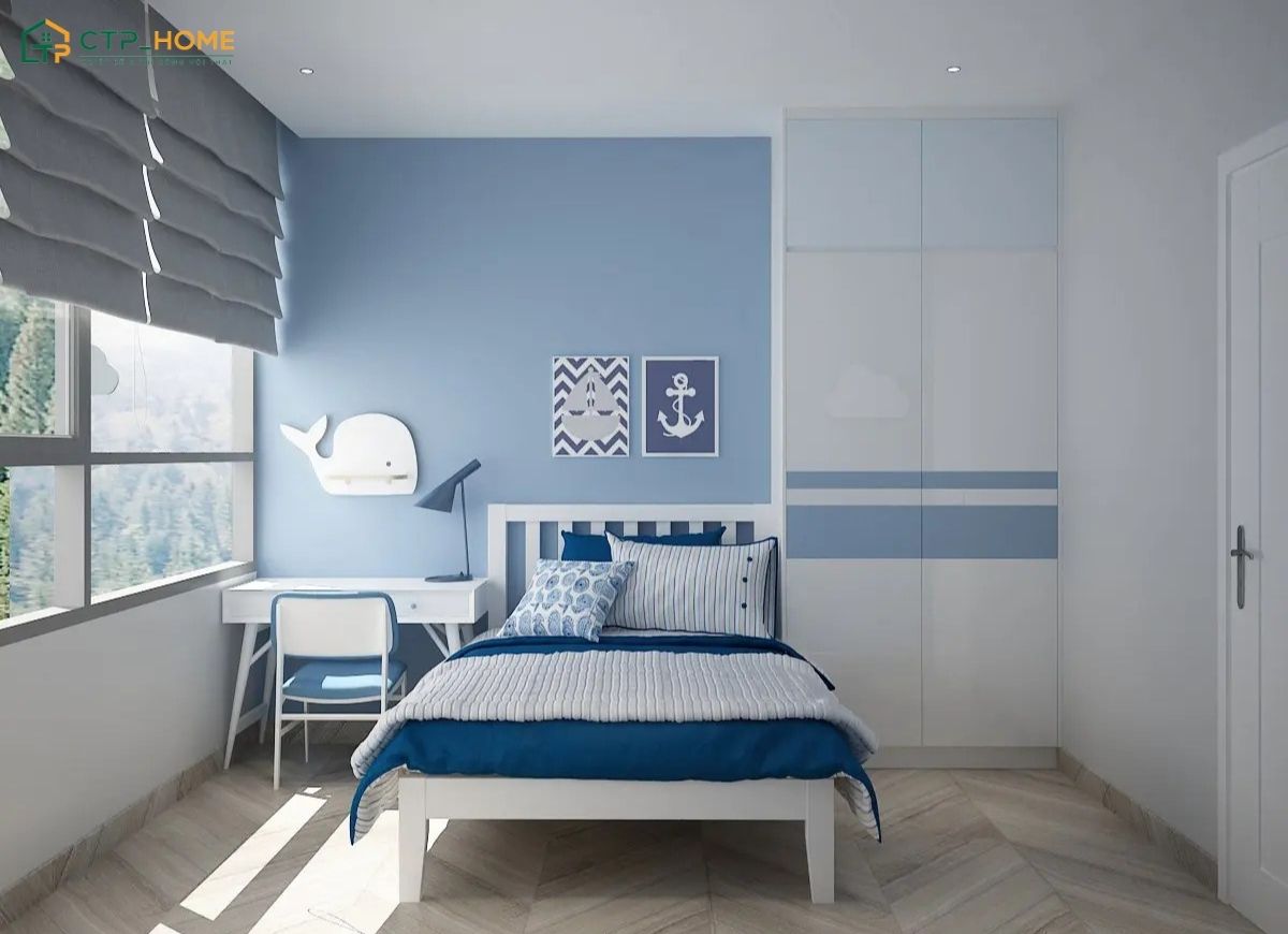 Các mảng màu xanh dương nhạt có thể được bố trí ở nhiều vị trí khác nhau như ga giường hoặc rèm cửa
