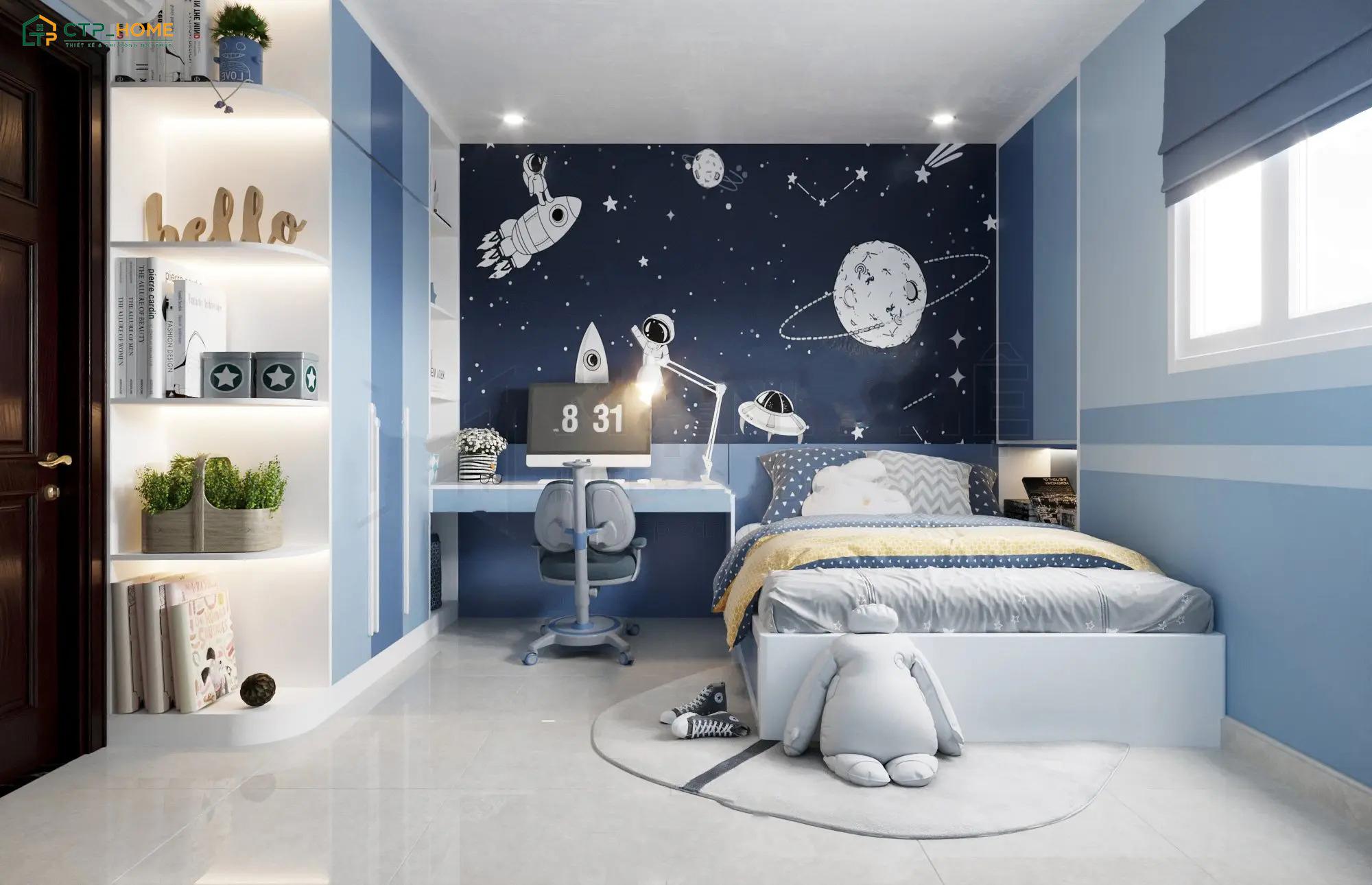 Mẫu decor phòng ngủ màu xanh dương cho bé với góc học tập và vui chơi được bố trí khoa học