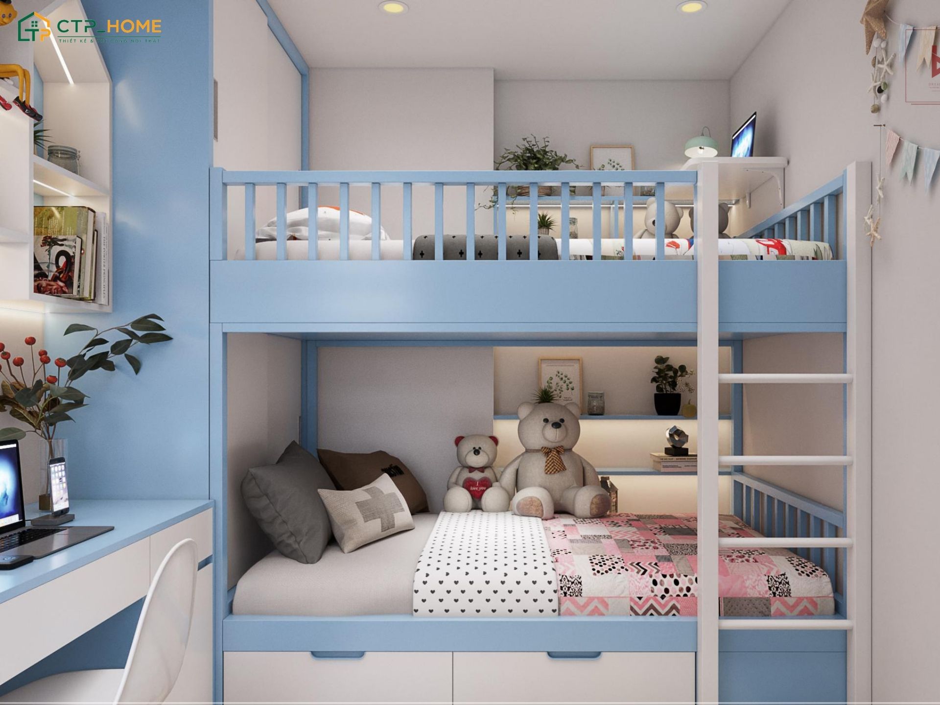 Kết hợp màu xanh dương với những tone màu phụ trợ khác sẽ tạo sự cân đối cho phòng ngủ