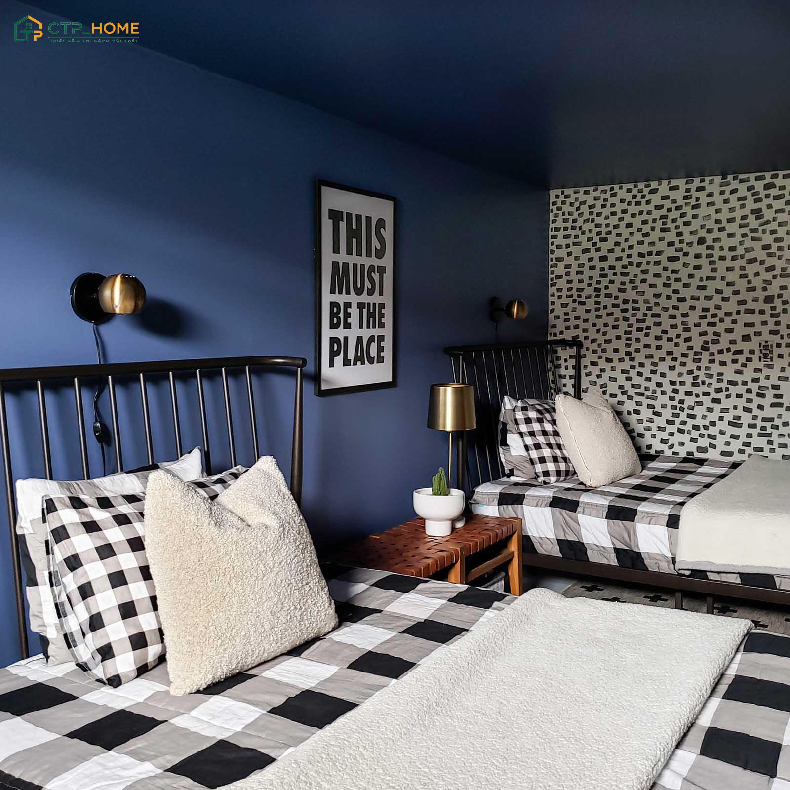 Mẫu dự án thiết kế phòng ngủ màu xanh dương cute với hai giường đơn do CTP Home thực hiên