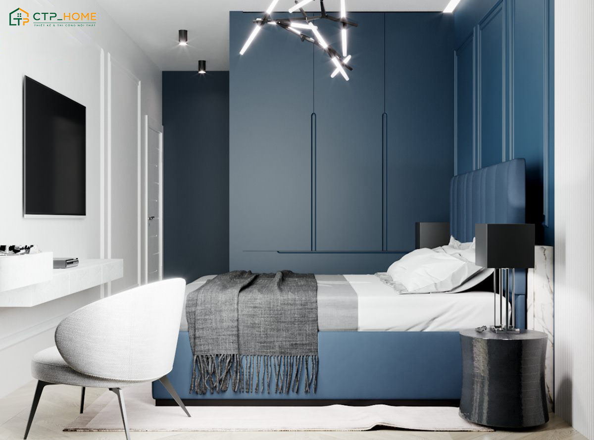 Nội thất phòng ngủ xanh dương đậm sẽ được làm từ các chất liệu cao cấp như gỗ, kính hoặc kim loại