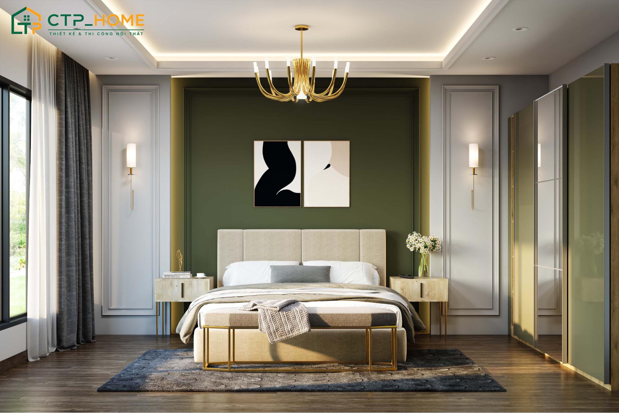 Mẫu phòng ngủ xanh lá olive kết hợp nội thất cao cấp sẽ đem lại vẻ đẹp sang trọng và độc đáo cho phòng ngủ