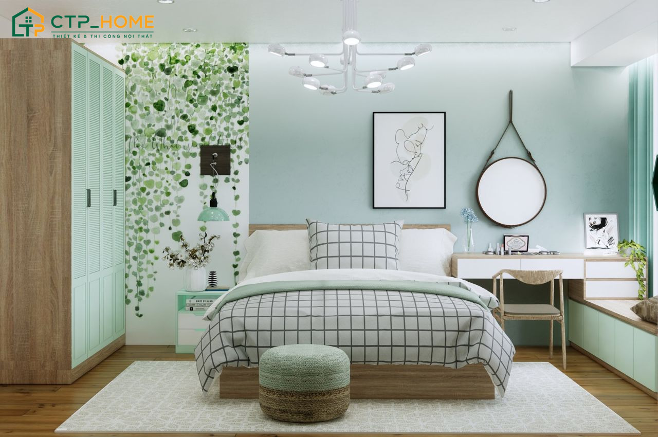 Mẫu phòng ngủ màu xanh lá ngọc bích kết hợp cùng nội thất gỗ sẽ tạo nên cảm giác thư giãn và ấm cúng