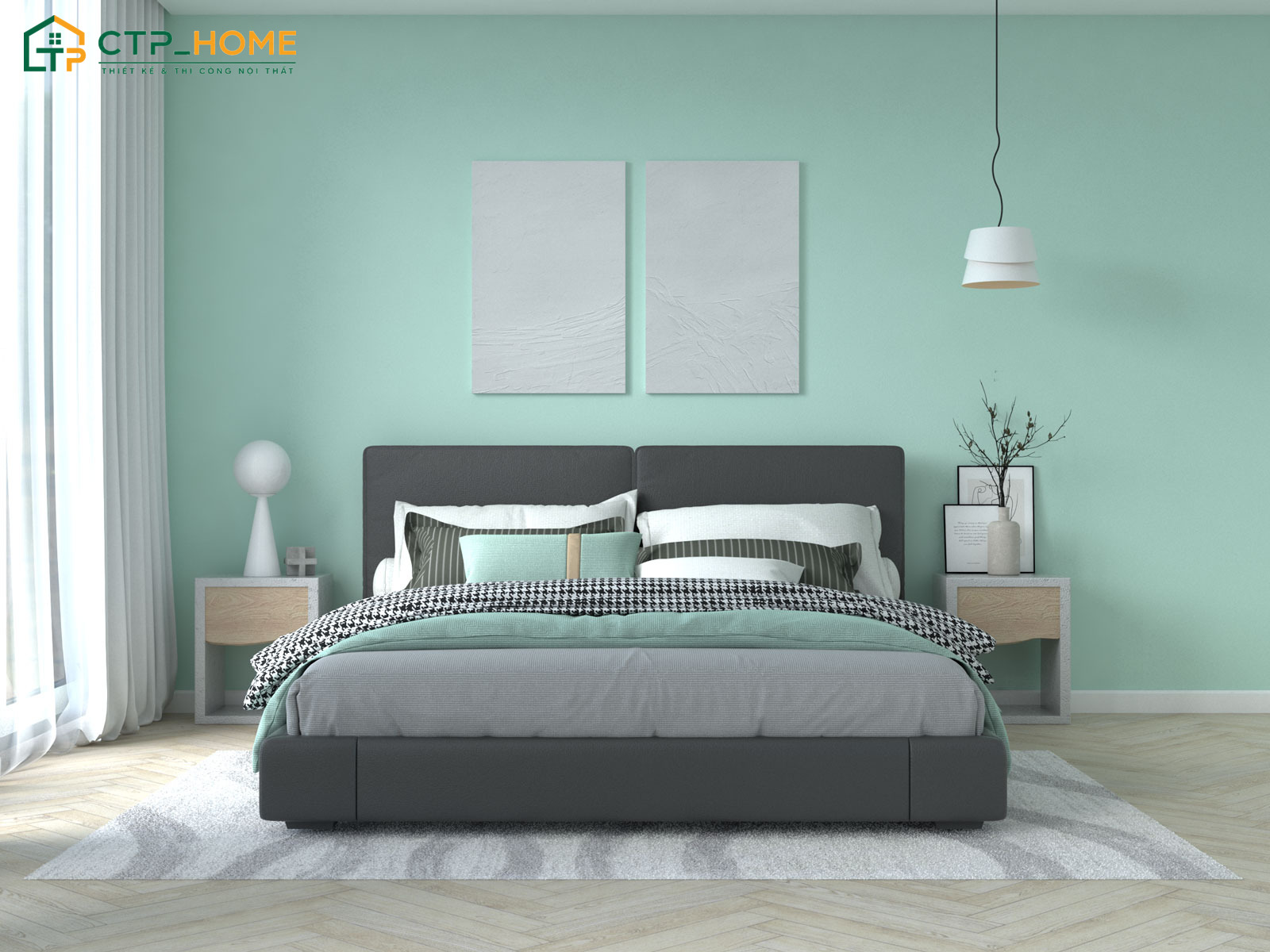 Mẫu phòng ngủ màu xanh mint sử dụng nội thất tối giản nhưng vẫn đảm bảo đầy đủ công năng