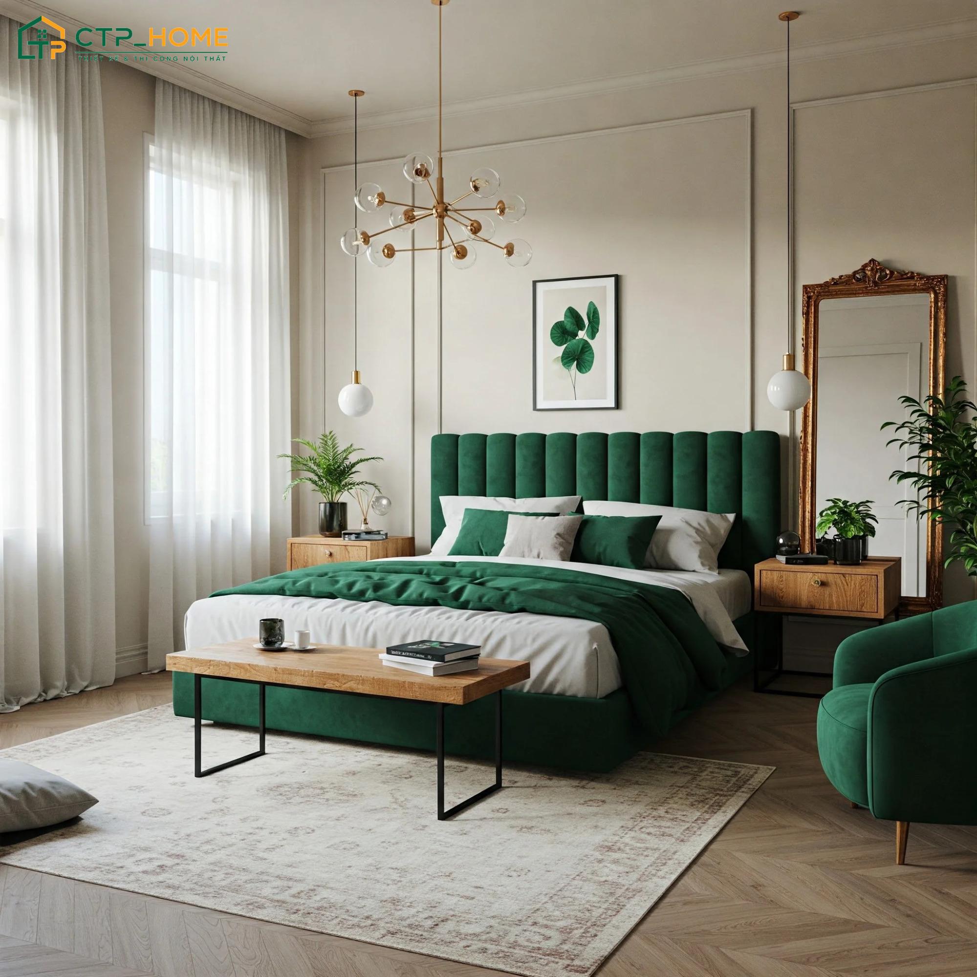 Mẫu decor phòng ngủ màu xanh lá lục bảo sẽ tập trung vào các chi tiết nội thất giường, tủ, kệ