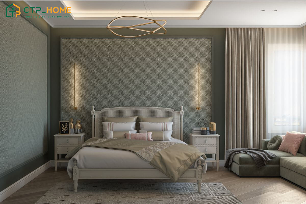 Tone màu xanh lá xám sẽ kết hợp cùng nội thất sáng màu để đảm bảo sự hài hòa cho phòng ngủ