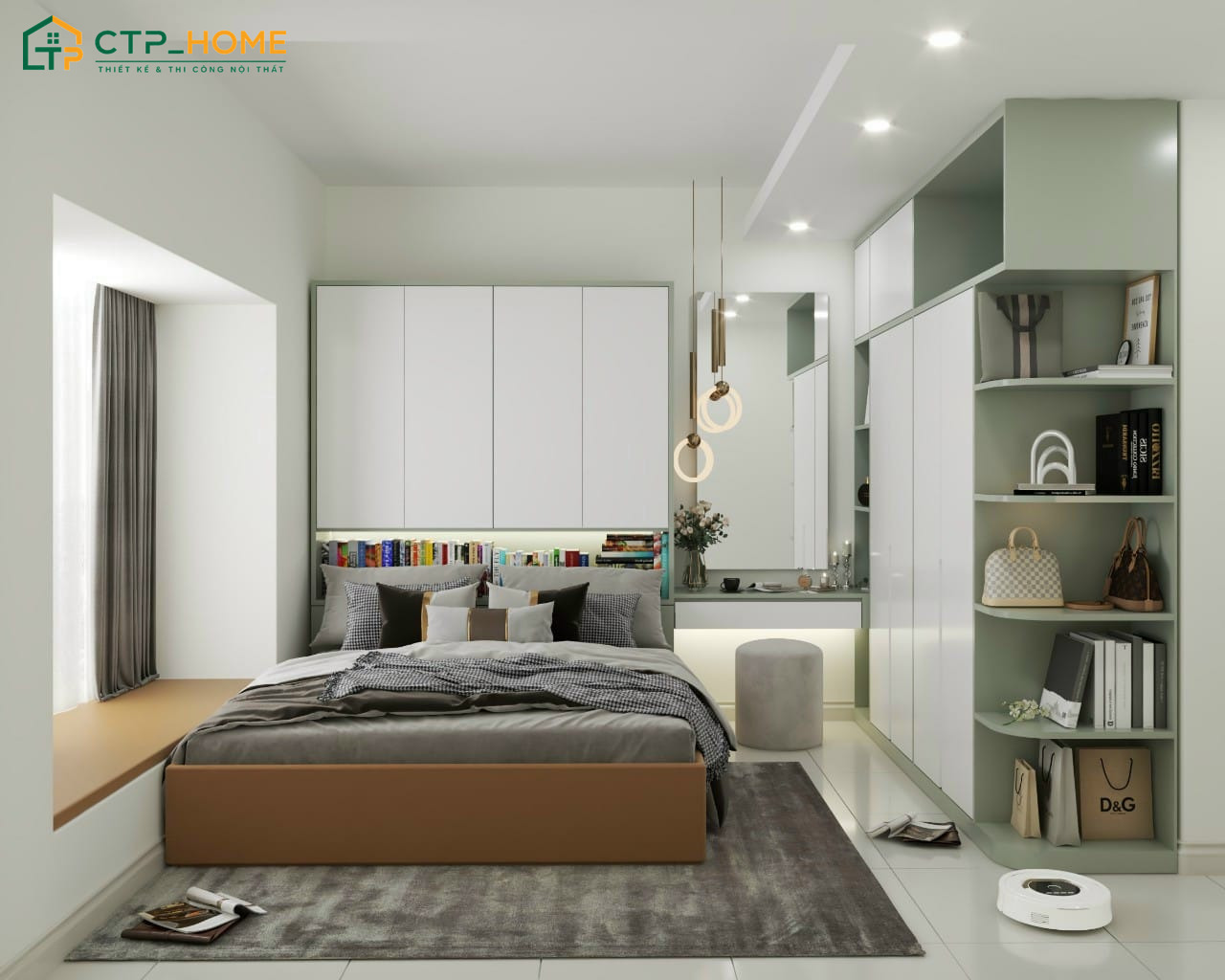 Mẫu phòng ngủ xanh lá Pastel với cách bố trí nội thất hài hoà sẽ đem lại sự thoải mái khi sử dụng