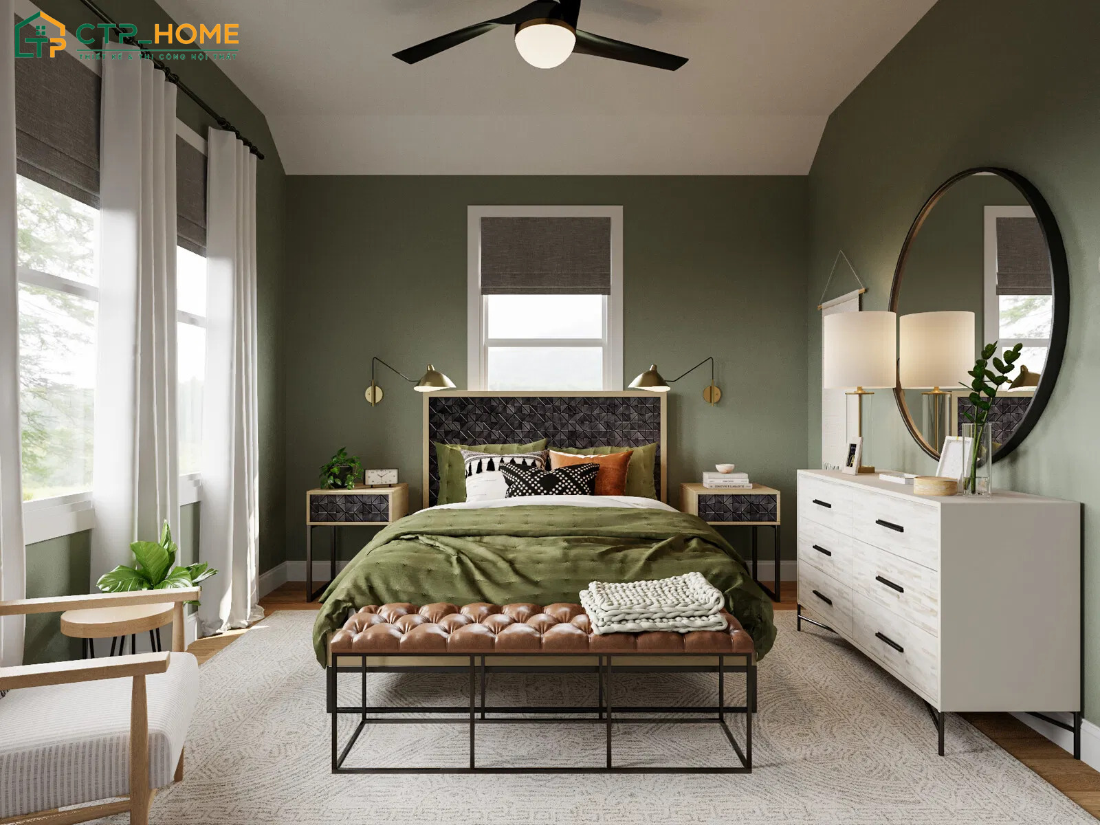 Mẫu dự án thiết kế phòng ngủ xanh lá cây nhạt do CTP Home thiết kế theo phong cách hiện đại