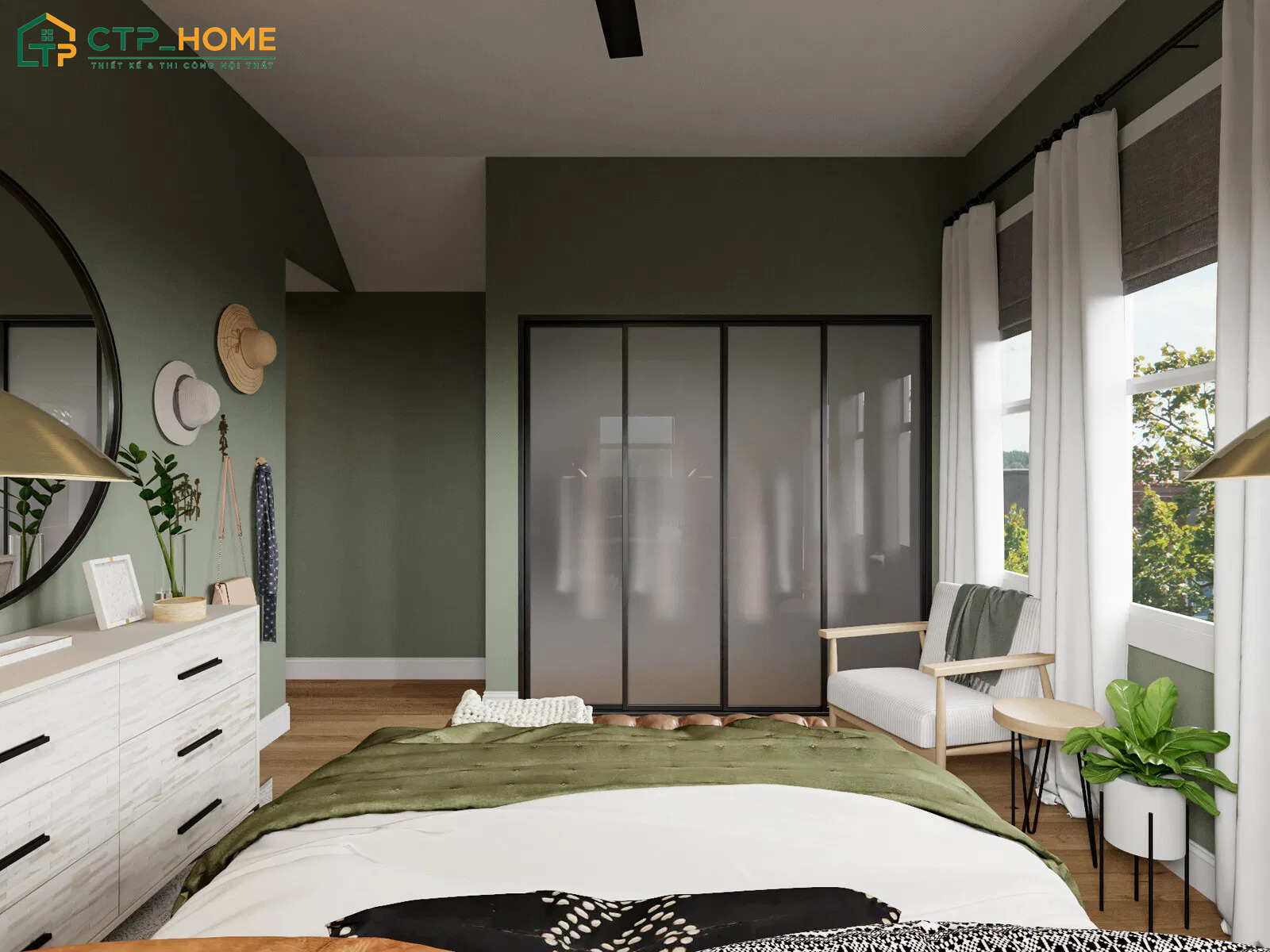 Mẫu phòng ngủ màu xanh lá cây nhạt sẽ tạo cảm giác thoải mái hơn với bố cục không gian cân đối