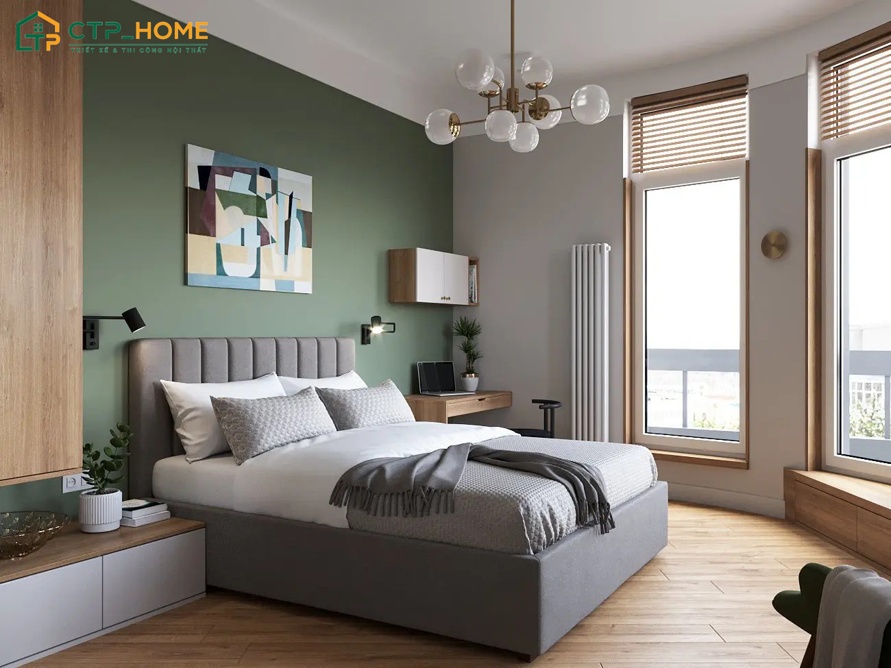 Sơn tường phòng ngủ màu xanh lá trắng là cách decor đơn giản và không tốn quá nhiều chi phí