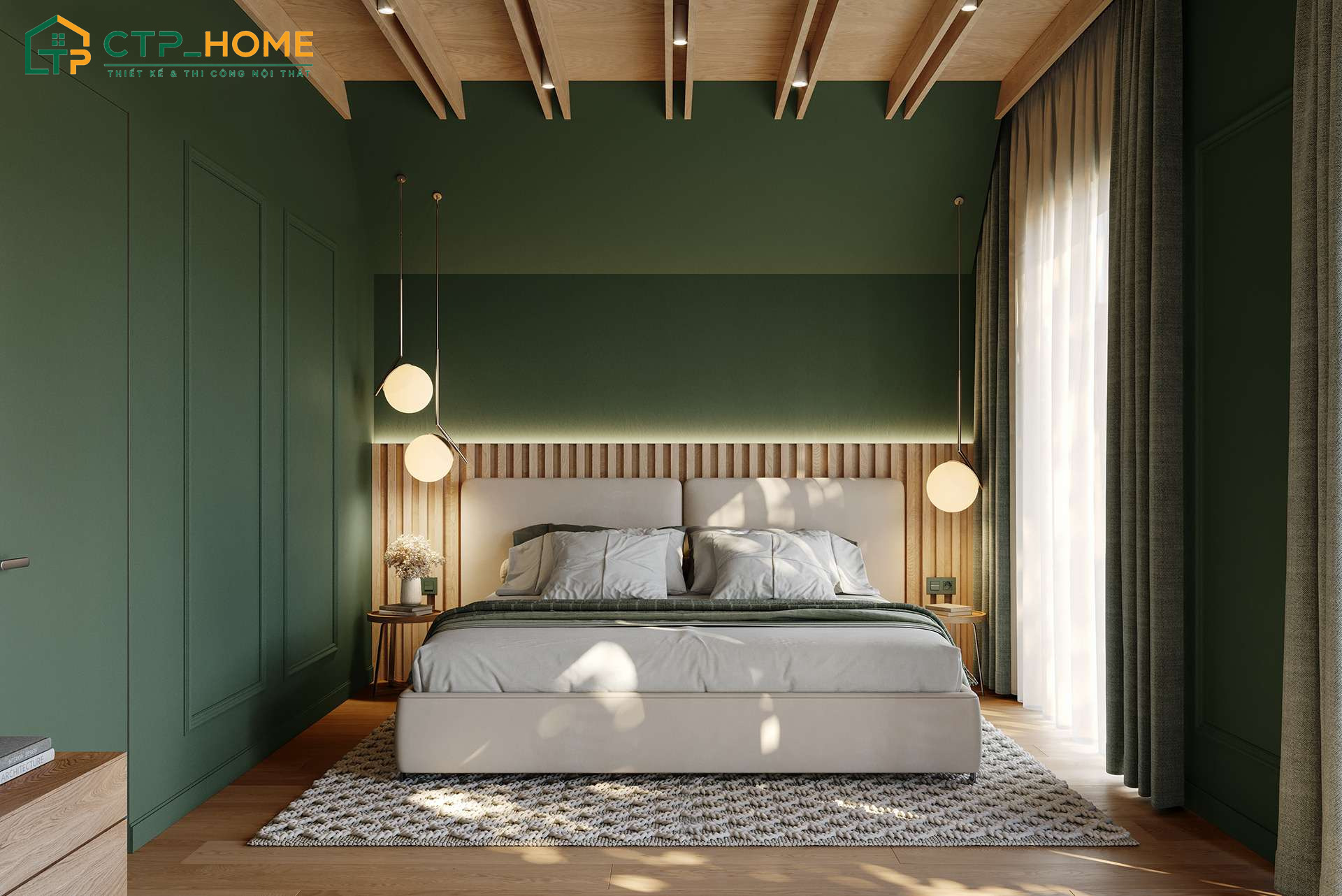Sử dụng giấy dán tường màu xanh lá sẽ giúp không gian nghỉ ngơi trở nên sinh động và cuốn hút hơn