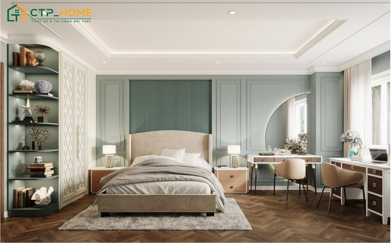 Nội thất cần phải hài hòa với sắc xanh để tạo nên một không gian phòng ngủ hài hòa và ấm áp