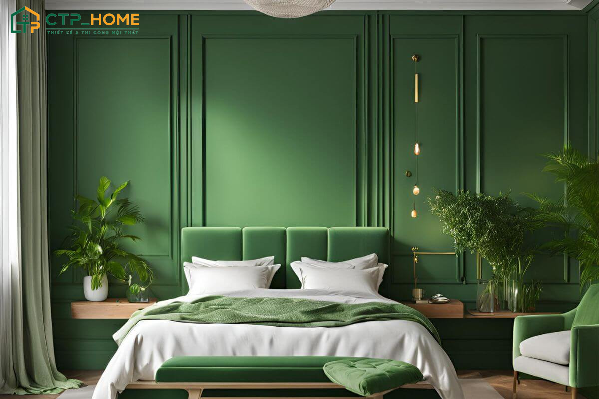 Decor phòng ngủ màu xanh lá sẽ đem đến cảm giác tươi mát và gần gũi với thiên nhiên