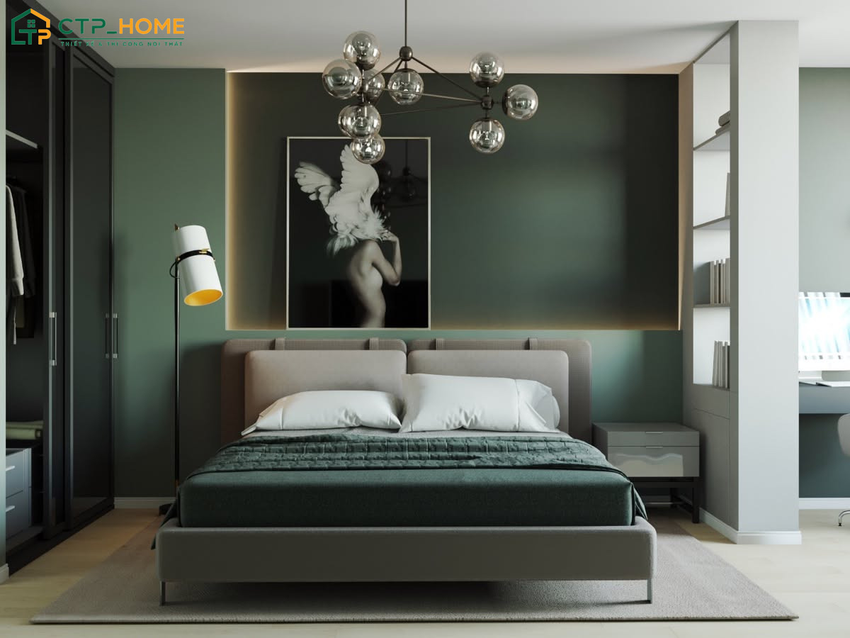 Sắc xanh được ứng dụng linh hoạt để tạo nên nhiều diện mạo khác nhau cho phòng ngủ xanh lá