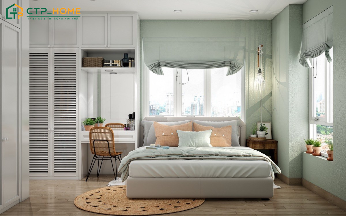 Phòng ngủ xanh lá khi kết hợp cùng ánh sáng tự nhiên sẽ tạo cảm giác rộng rãi và thông thoáng hơn