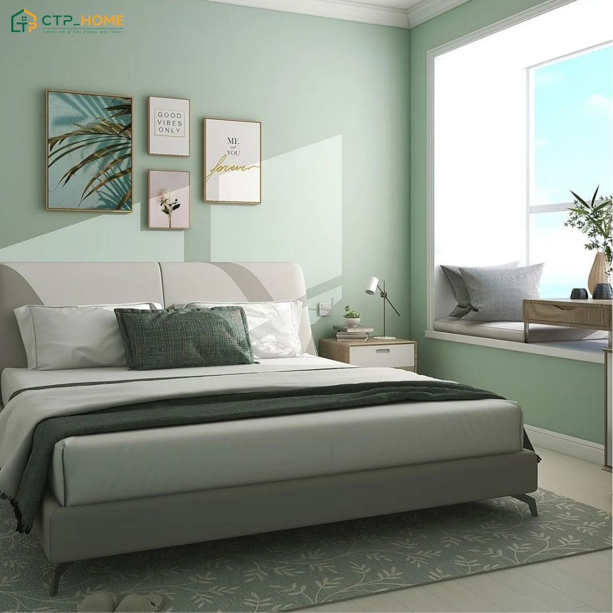 Mẫu thiết kế phòng ngủ màu xanh lá mạ kết hợp cùng nội thất gỗ mộc mạc sẽ tạo cảm giác gần gũi với thiên nhiên