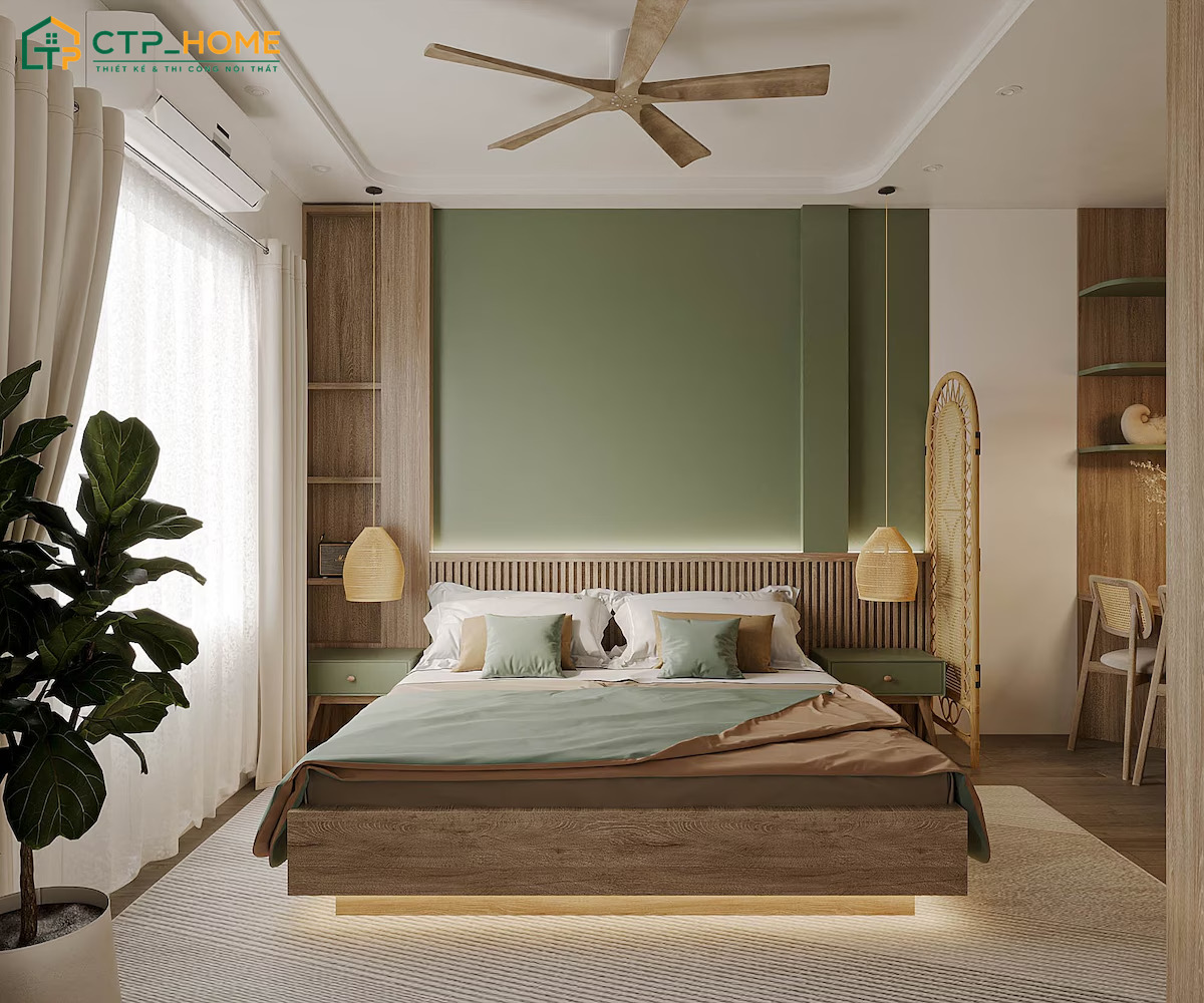 Mẫu thiết kế phòng ngủ xanh lá mạ có thể kết hợp với nhiều phong cách khác nhau từ đơn giản cho đến sang trọng