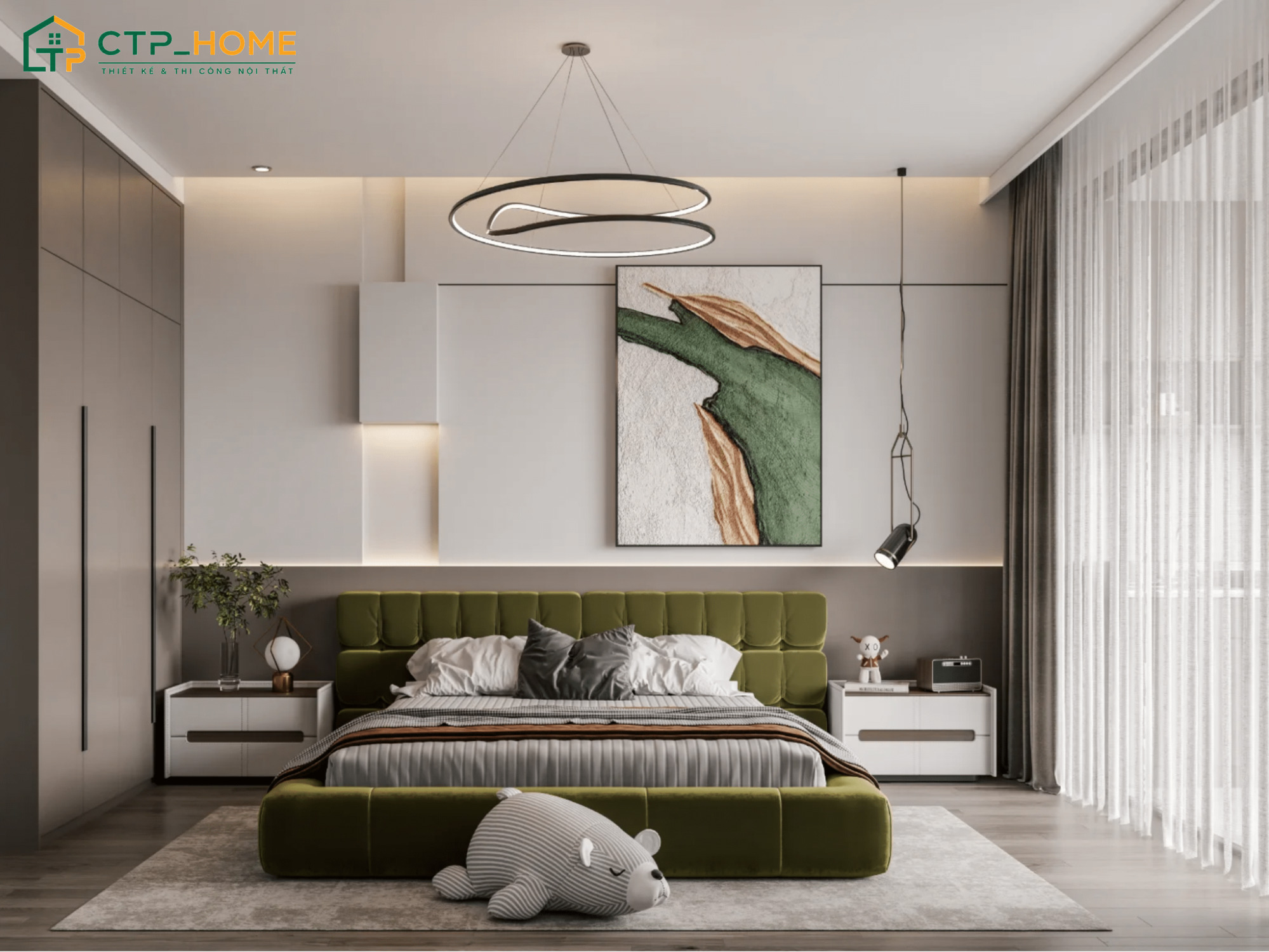 Mẫu trang trí phòng ngủ màu xanh lá olive sẽ đem đến vẻ đẹp ấm áp và mộc mạc nhưng không kém phần độc đáo