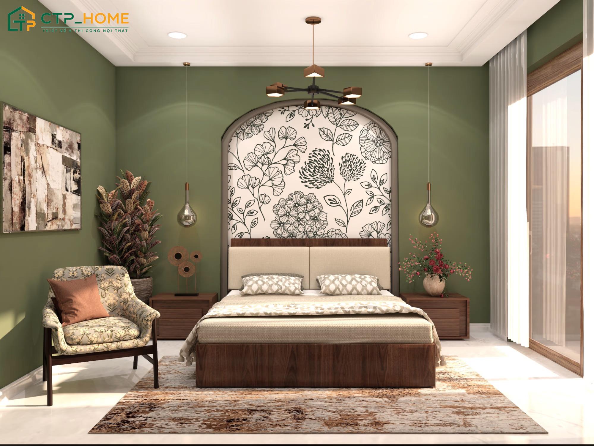 Mẫu phòng ngủ với điểm nhấn màu xanh lá olive sẽ giúp tạo nên một không gian thư giãn và gần gũi với thiên nhiên