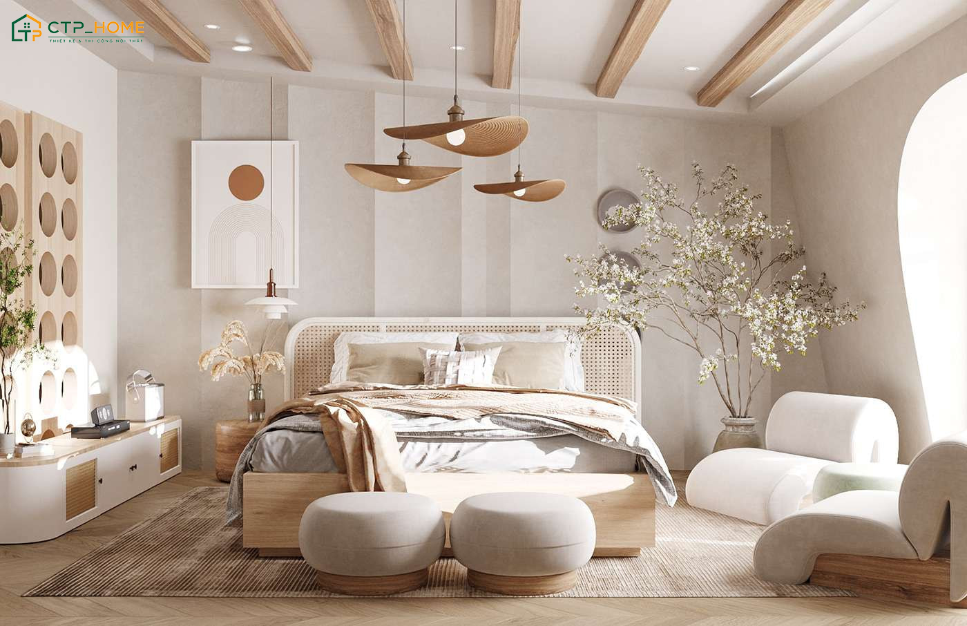 Mẫu phòng ngủ phong cách Địa Trung Hải hiện đại thu hút với nội thất hiện đại và điểm nhấn mộc mạc