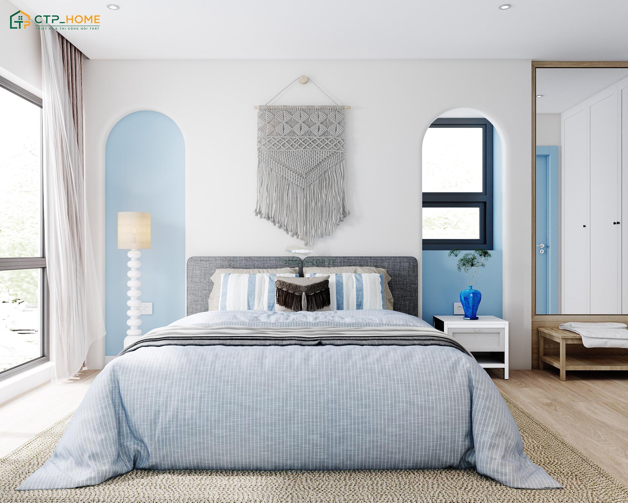Màu xanh nước biển sẽ được sử dụng trong các chi tiết quen thuộc như đầu giường, ga gối hay rèm cửa