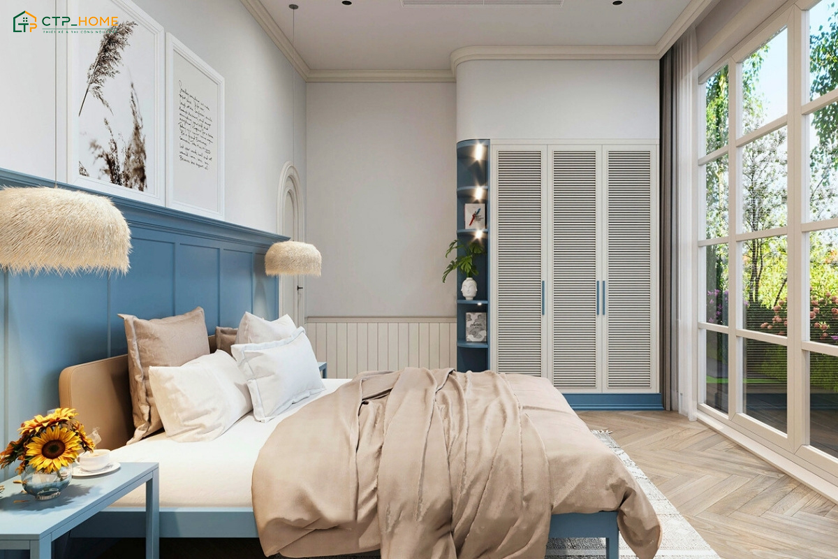 Mẫu phòng ngủ Địa Trung Hải màu xanh nước biển sẽ sử dụng đồ decor Handmade để tạo điểm nhấn