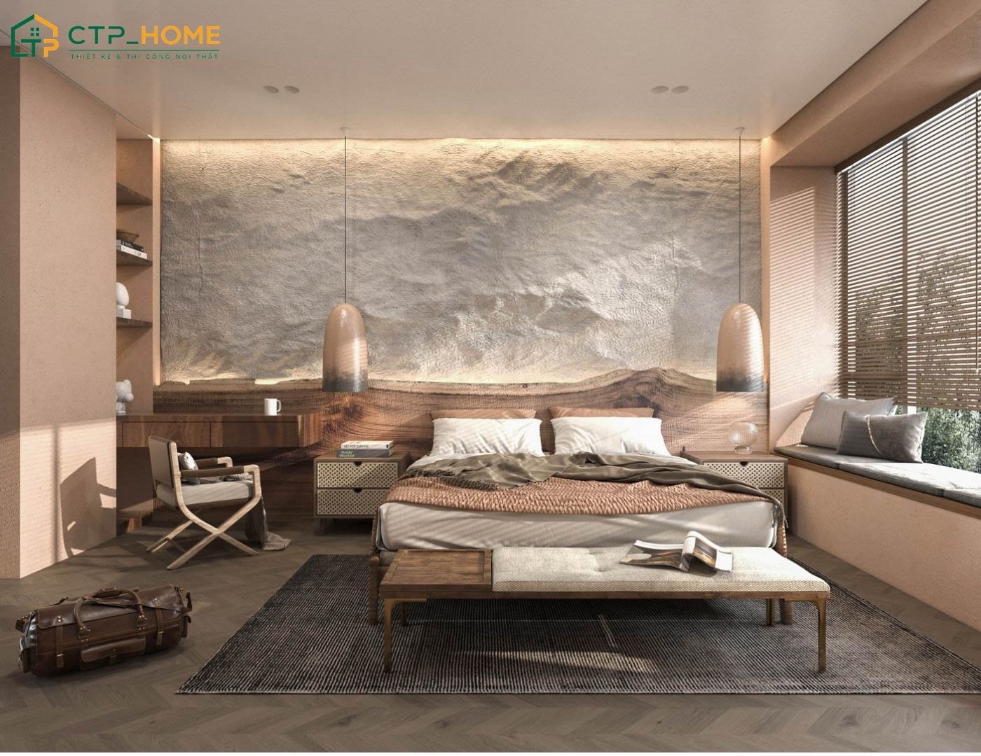 Mẫu phòng ngủ Wabi Sabi ưu tiên sử dụng chất liệu gỗ, đá, gốm và vải linen để tạo nên vẻ đẹp mộc mạc