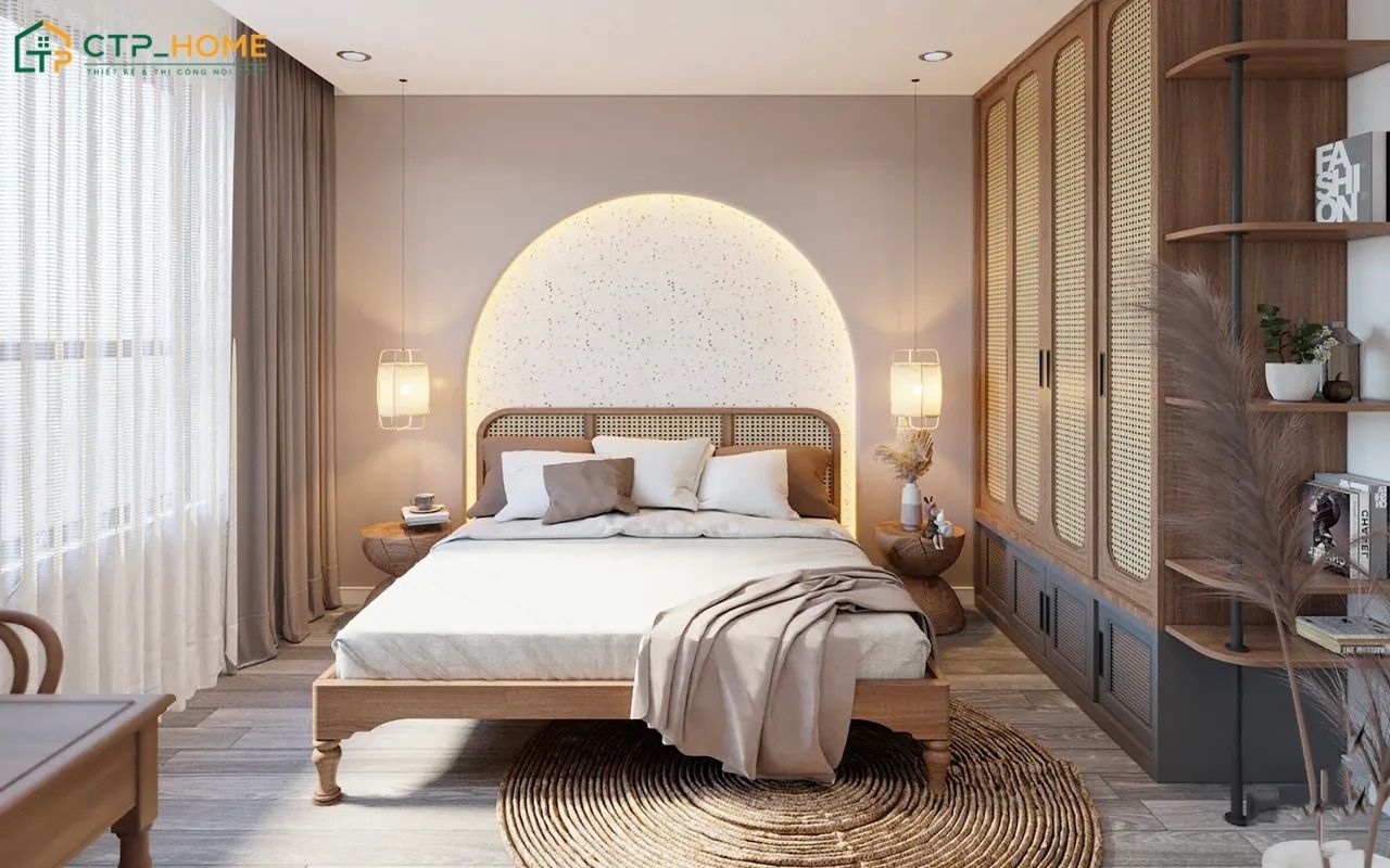 Mẫu phòng ngủ phong cách Wabi Sabi với nội thất tinh gọn và cách bố trí khoa học giúp tối ưu diện tích
