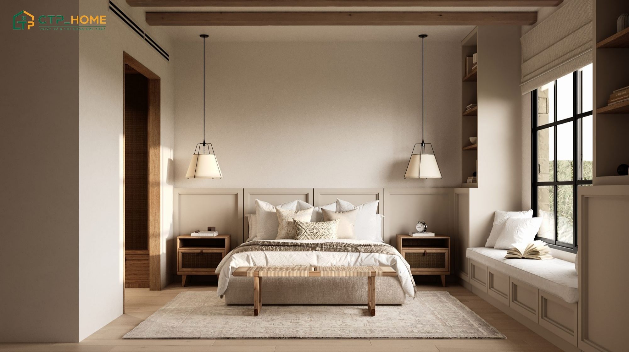 Mẫu thiết kế phong cách Wabi Sabi phòng ngủ kết hợp hài hòa giữa nét đẹp mộc mạc và hơi thở hiện đại