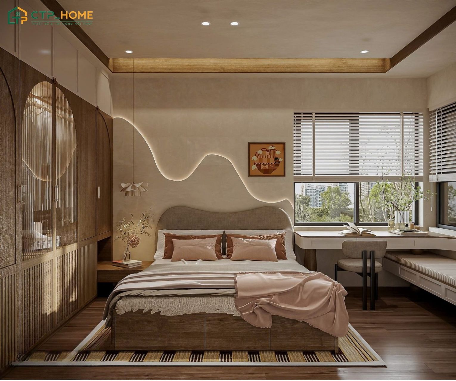 Mẫu dự án thiết kế phòng ngủ Wabi Sabi do CTP Home thực hiện với gam màu sáng và nội thất gỗ tự nhiên