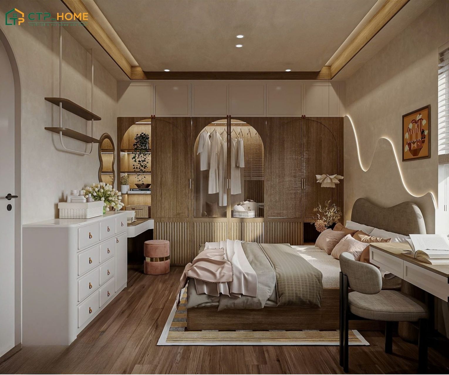 Tủ quần áo được thiết kế kịch trần bằng gỗ giúp tạo nên nét mộc mạc đặc trưng của phong cách Wabi Sabi