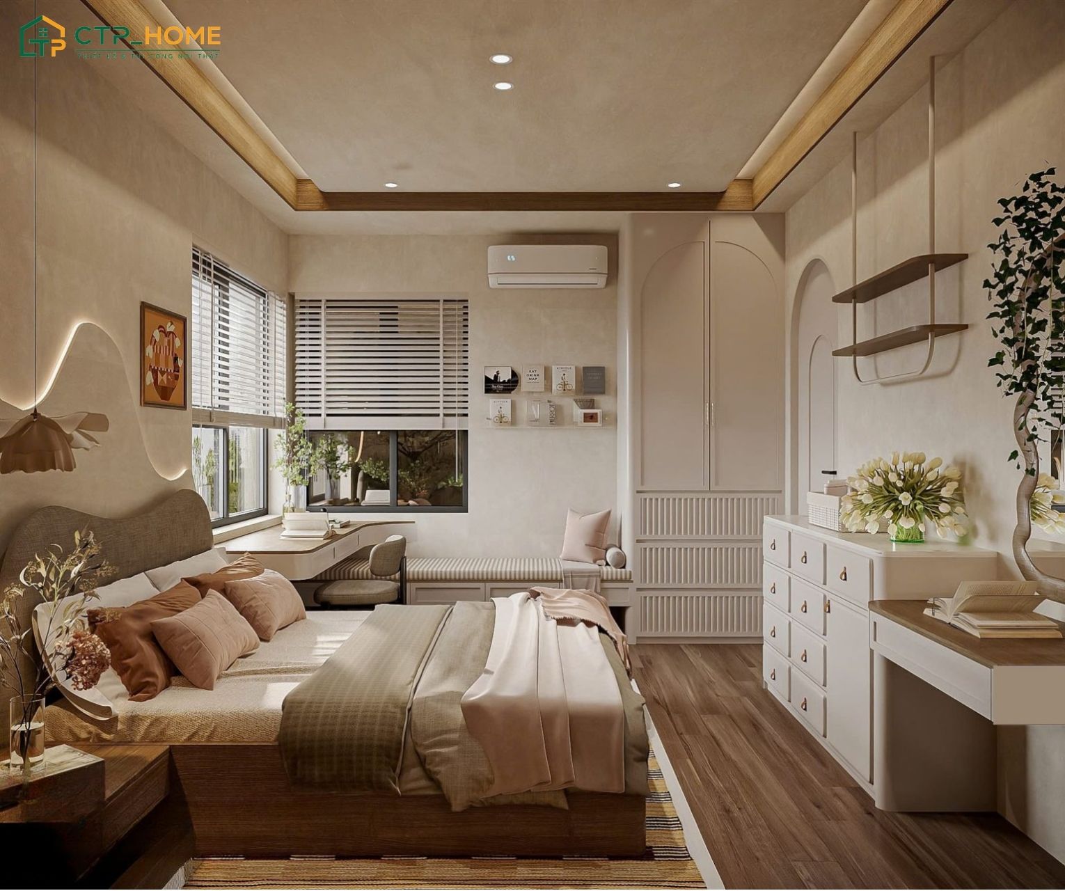 Bố trí bàn làm việc gần cửa sổ để tận dụng nguồn ánh sáng tự nhiên, giúp tạo cảm giác thoải mái hơn khi làm việc