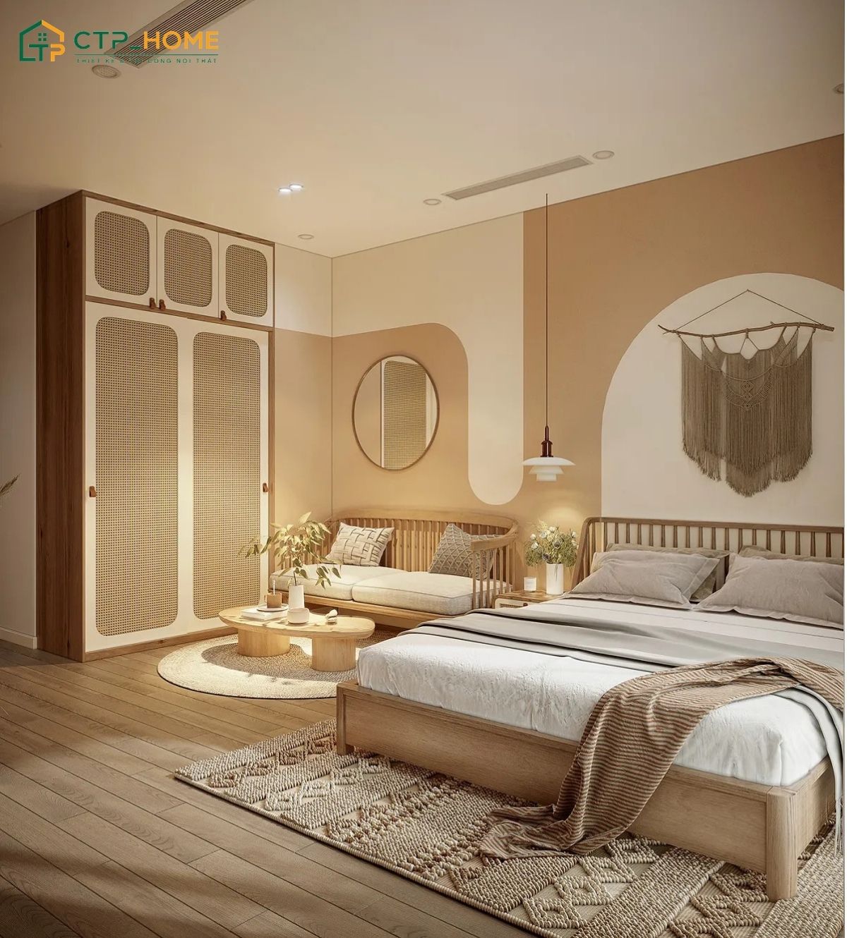 Mẫu phòng ngủ phong cách Wabi Sabi với thiết kế tối giản giúp tạo cảm giác nhẹ nhàng cho không gian nghỉ ngơi
