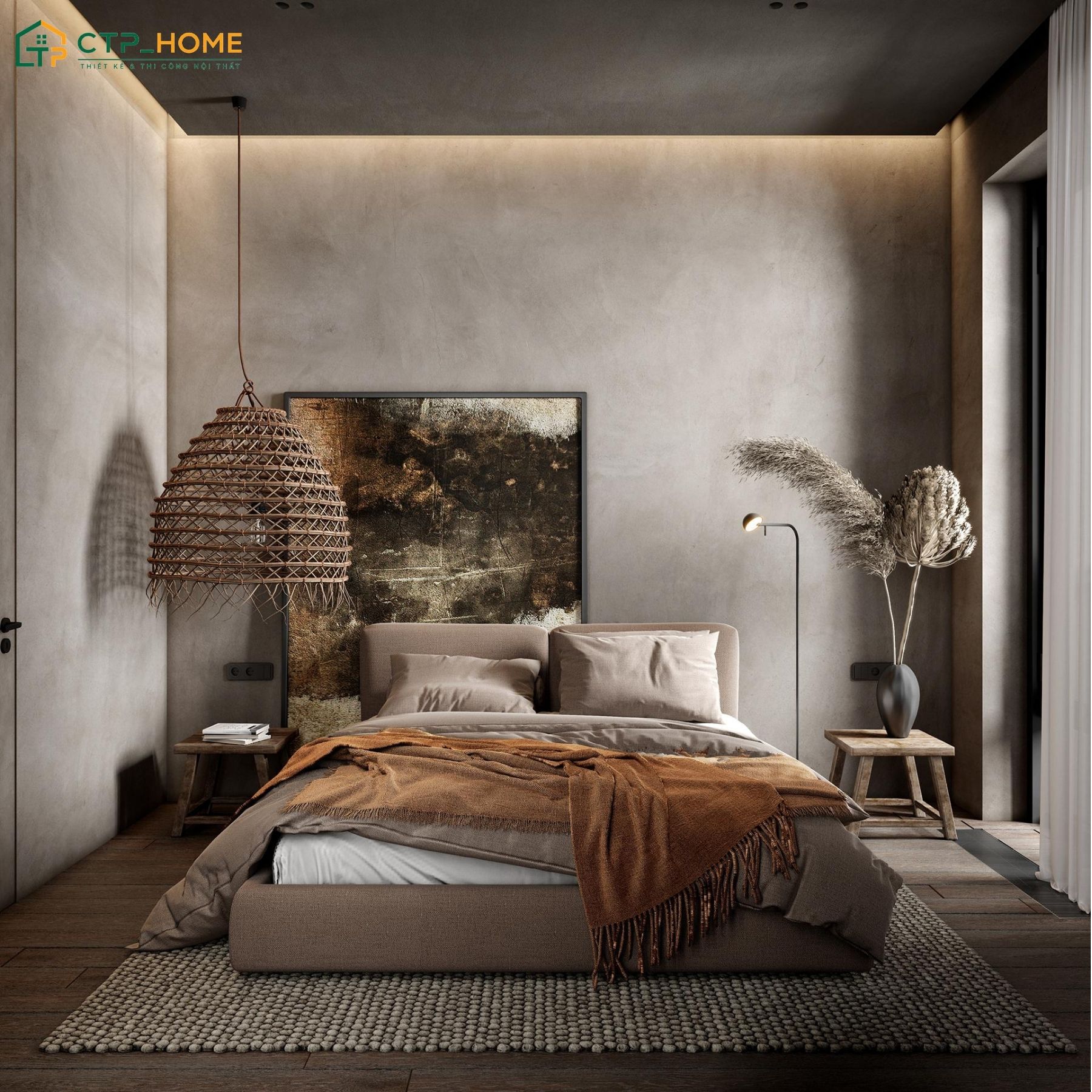 Phòng ngủ phong cách Wabi Sabi gây ấn tượng với nội thất tinh gọn và đường nét tối giản