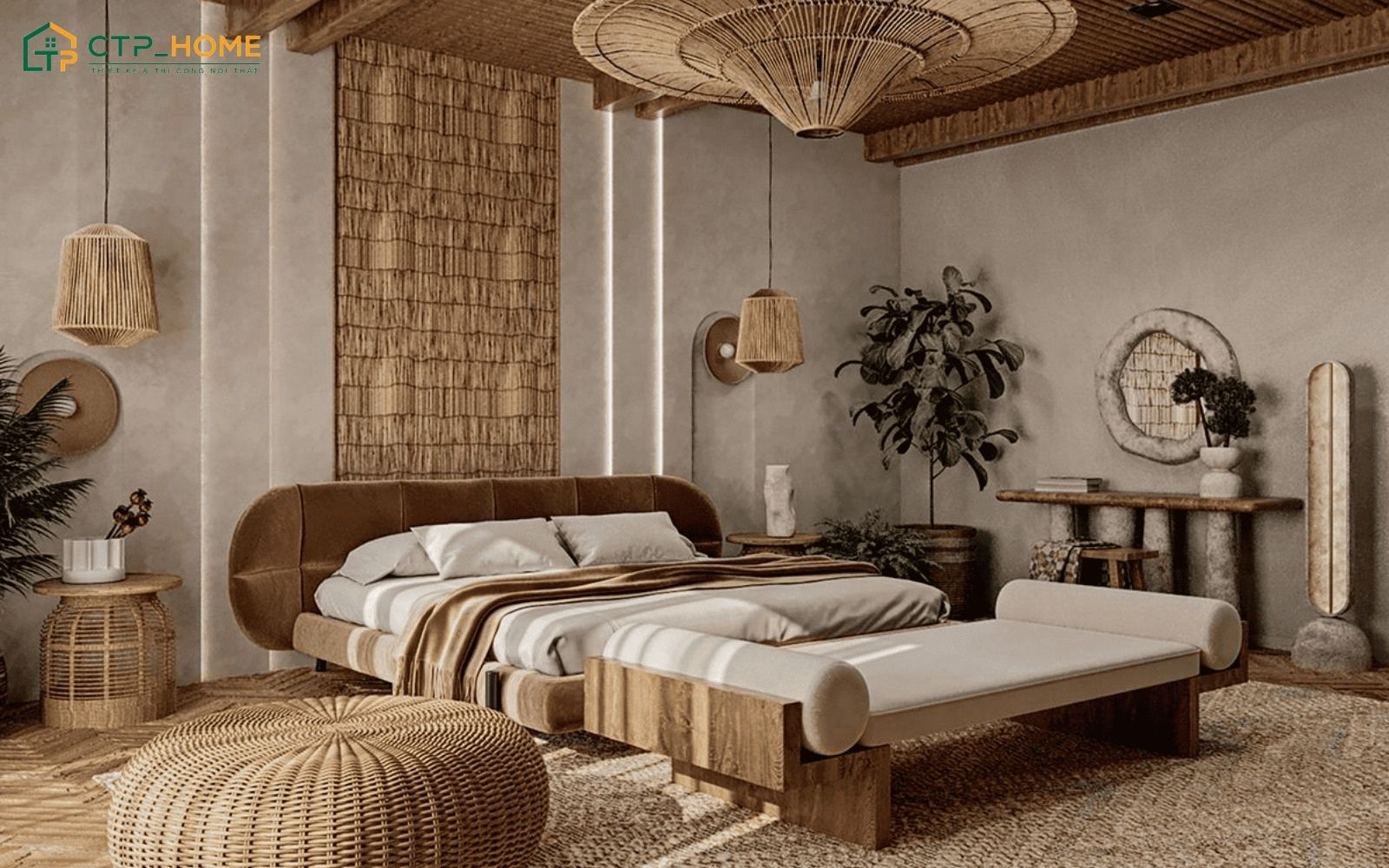 Phòng ngủ Wabi Sabi thường sử dụng gam màu trung tính để tạo cảm giác ấm áp hơn khi nghỉ ngơi