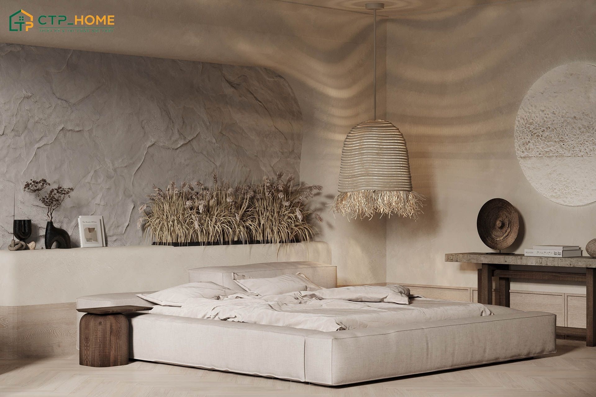 Phòng ngủ phong cách Wabi Sabi sẽ ưu tiên vật liệu tự nhiên để tạo nên vẻ đẹp mộc mạc và gần gũi