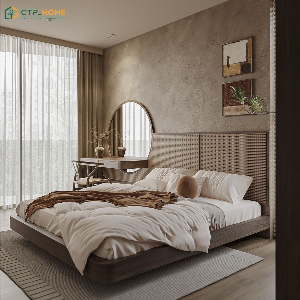 Phong cách Wabi Sabi phòng ngủ thường bố trí nội thất gọn gàng để đảm bảo sự thông thoáng