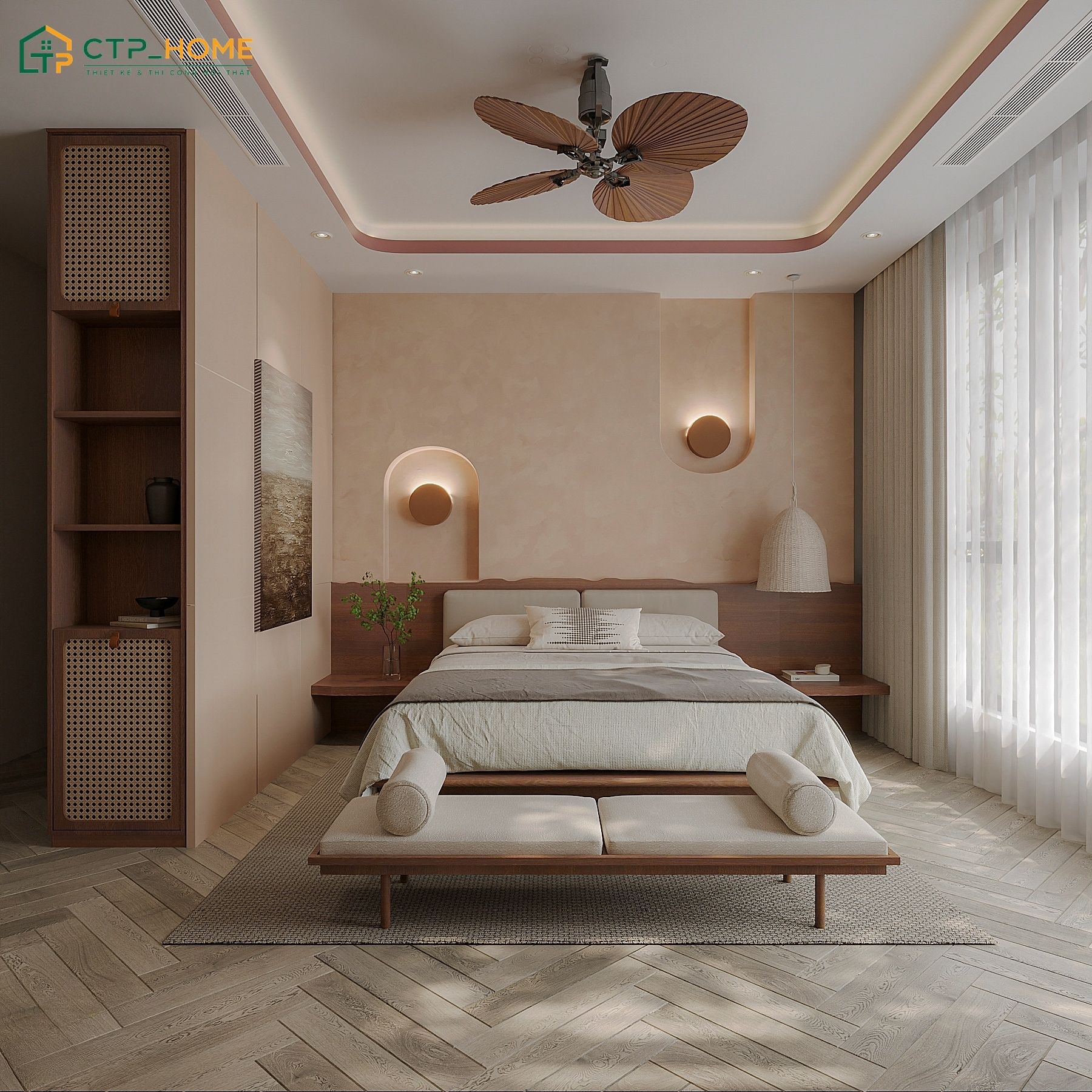 Mẫu phòng ngủ Wabi Sabi được thiết kế cửa sổ lớn để đón ánh sáng tự nhiên giúp không gian thông thoáng hơn