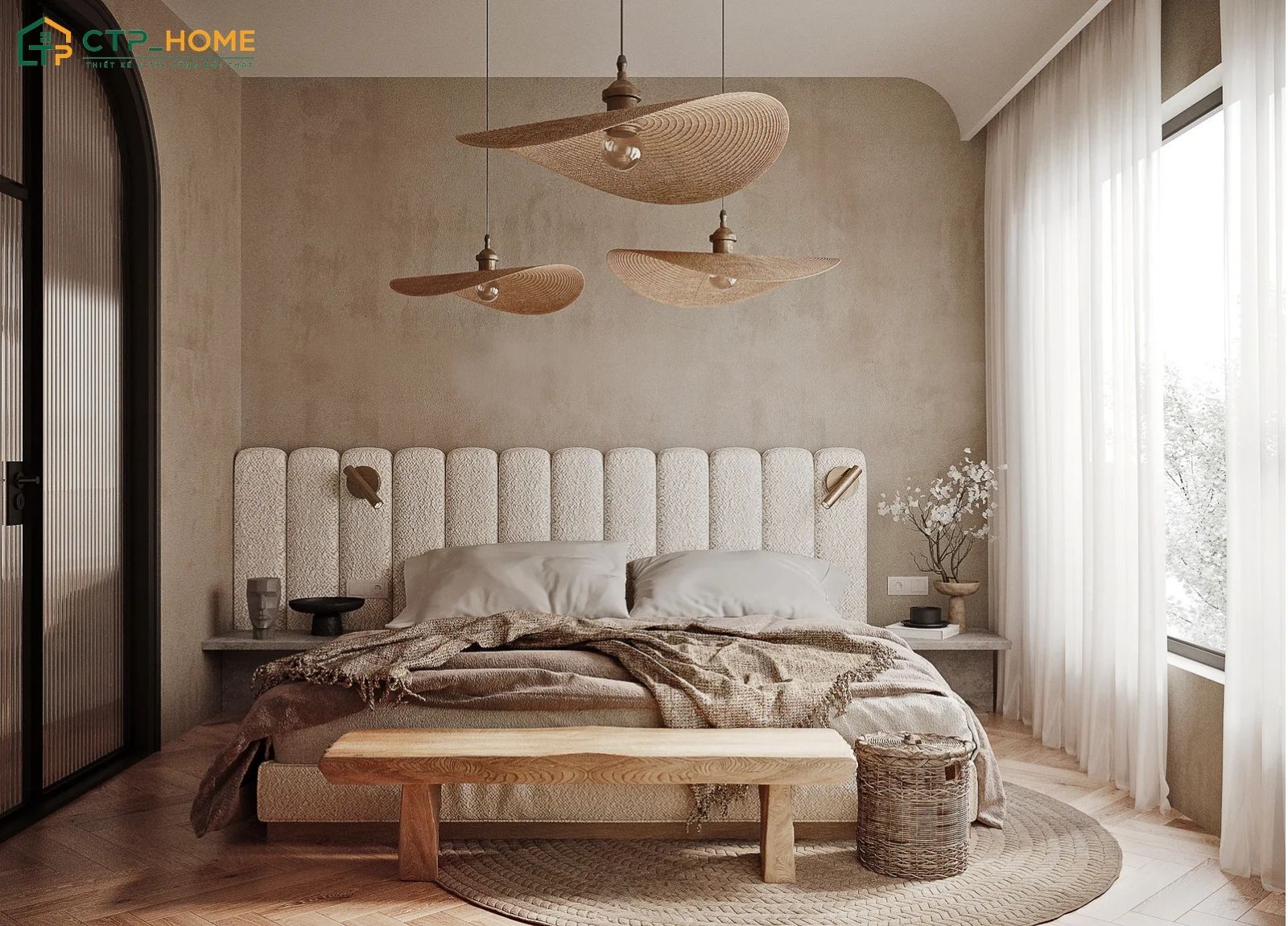 Mẫu phòng ngủ phong cách Wabi Sabi sử dụng gam màu be và trắng kem kết hợp với nội thất gỗ tự nhiên