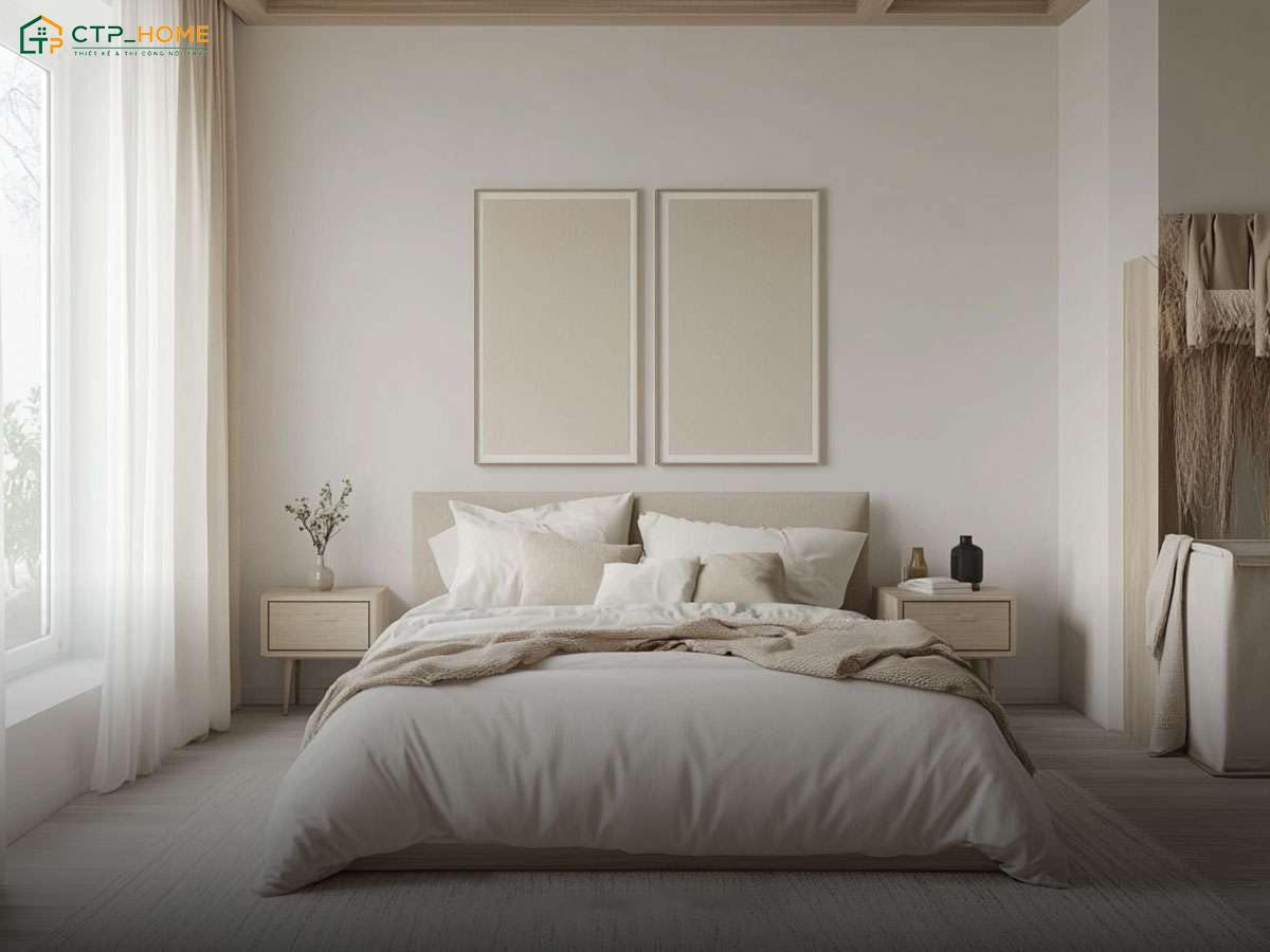 Mẫu decor phòng ngủ tối giản 9m2 - 14m2 được bố trí nội thất khéo léo để đảm bảo sự tiện nghi
